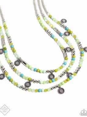Green, Turquoise, yellow multi strand beaded necklace w/ silver disc medallions
